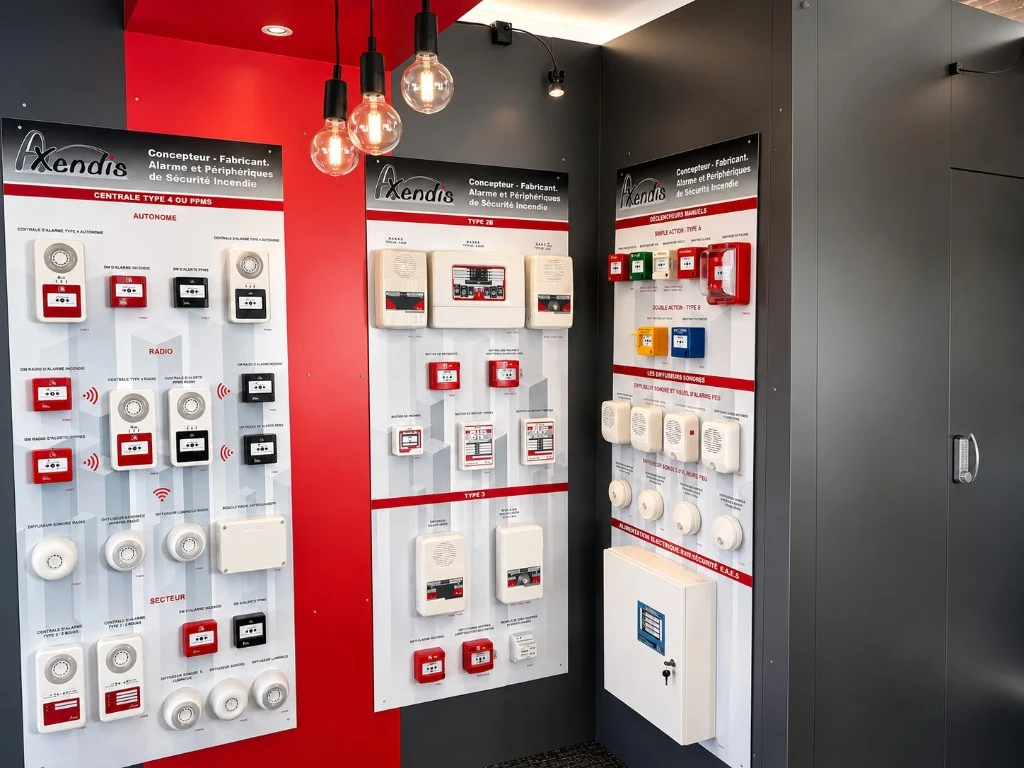 Panneaux d'exposition Axendis présentant déclencheurs, diffuseurs et équipements d'alarme